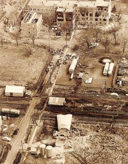 The force of the explosion hurtled the tank back to the Wabash Railroad tracks behind the hall.